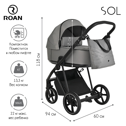 ROAN Коляска 2 в1 Sol короб + прогулка Cloud Grey/Black/руч.Черный(2 места)
