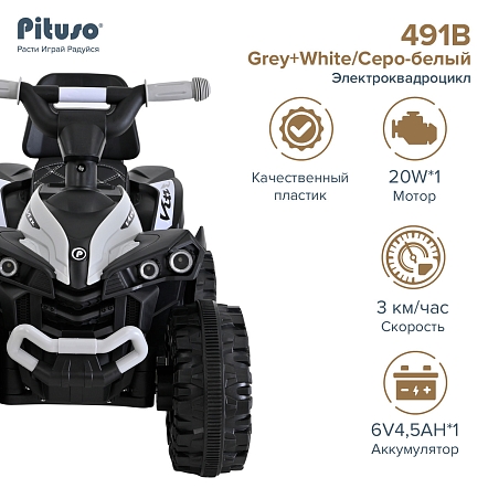 PITUSO Электроквадроцикл 491B 6V/4,5Ah,20W*1,колеса пласт,свет,муз,67*43*50см,Grey+White/Серо-белый