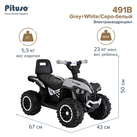 PITUSO Электроквадроцикл 491B 6V/4,5Ah,20W*1,колеса пласт,свет,муз,67*43*50см,Grey+White/Серо-белый