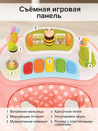 PITUSO Ходунки Пчёлка (8 силик.колес,игр.муз.панель,2стоппера) Pink/Grey Серый/коралл (уп/1шт)