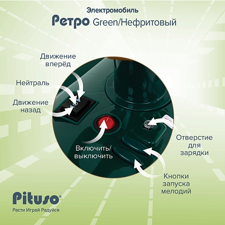 **PITUSO Электроквадроцикл(мобиль) Ретро 6V/4.5Ah,20W*1,колеса пл,свет,муз,82*34*40см,Green/Нефрит