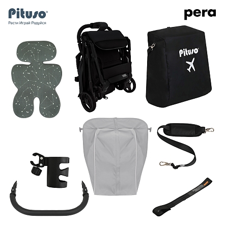 PITUSO коляска детская PERA (прогулочная)Black New/рама carbon/PU(блок колес)